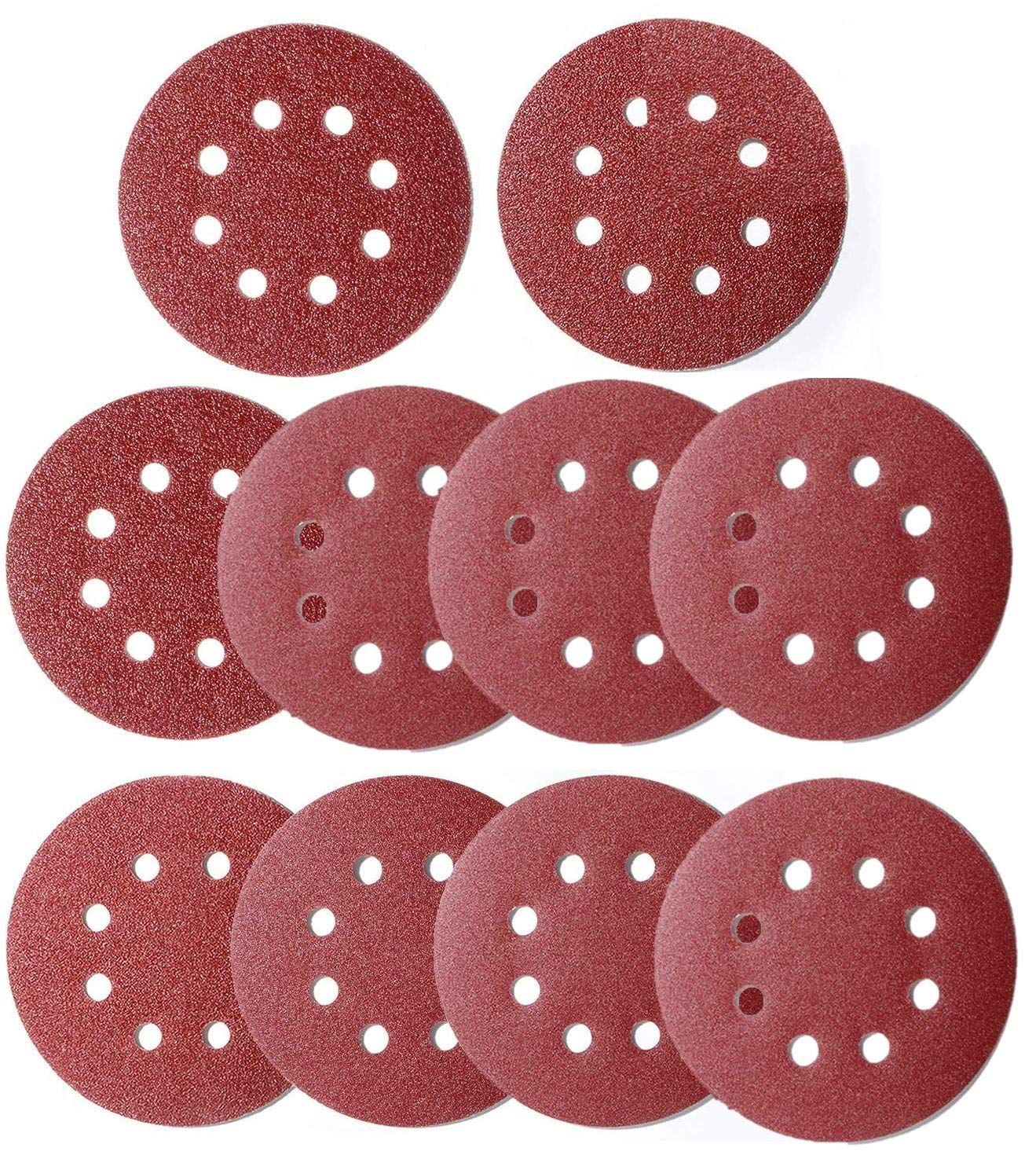 KAHEIGN 100Pcs Sanding Discs, 125mm Hook and Loop 8-Hole Sand Pads, 40/60 /80/100 /120/180 /240/320 /400/800 Grits Sandpaper for 5-Inch Random Orbit Sander - ASD1B