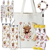 Skylety 5 Pcs Highland Cow Gifts Set for Women 20 oz Tumbler Floral Canvas Bag Pen Socks Silicone Keychain for Mom Sister Cow Lover Cute Christmas Birthday Gifts(Flowers)