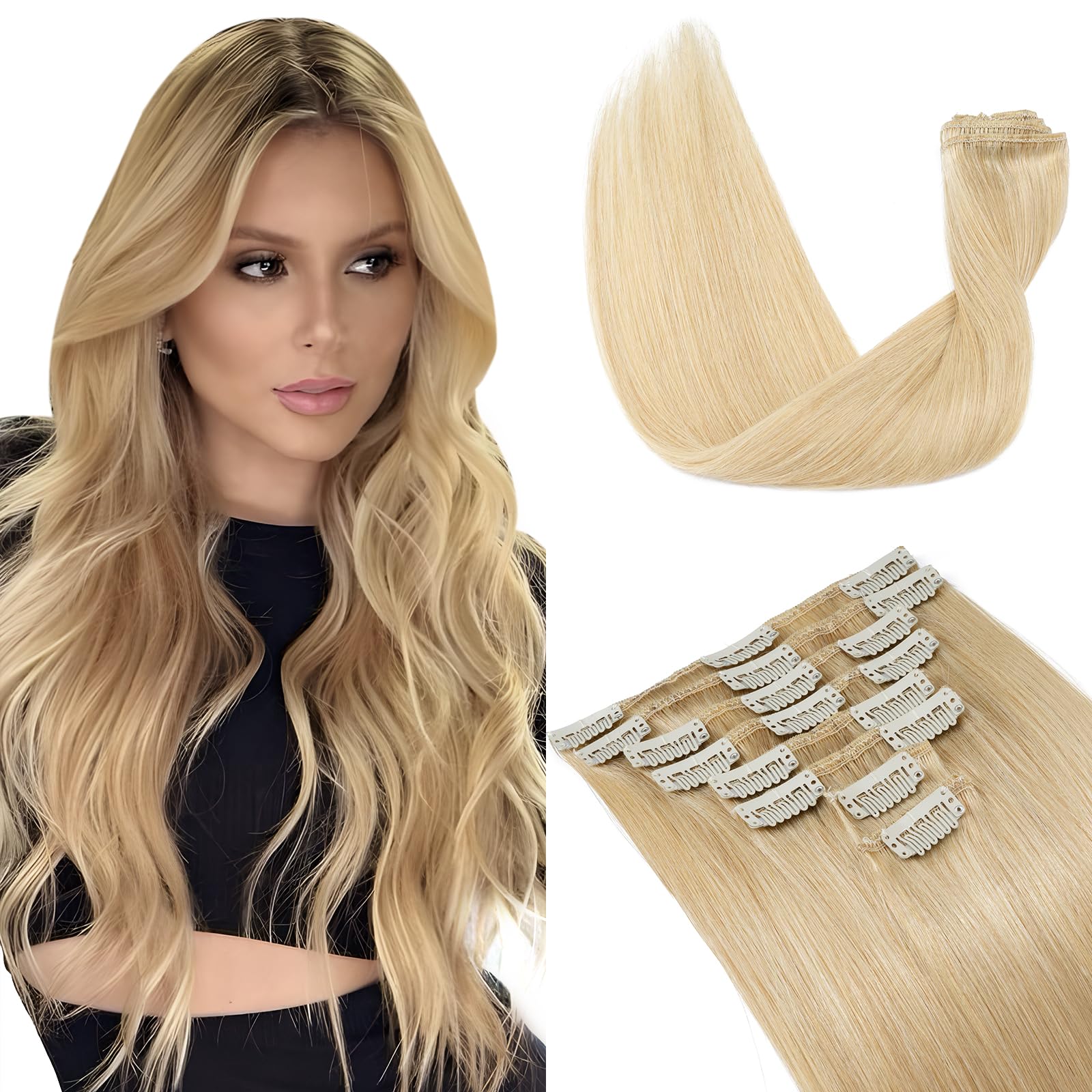Elailite Hair Extensions Real Human Hair Clip in - 8 Pieces Thin Weft Full Head Remy Hair Straight - #24 Natural Blonde - 20 Inch (70 g)