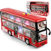 Cdymkf 11"(28cm) Double Decker Bus Toy,1/16 Scale Red Bus Toy for Toddlers | 4 Different Flashing Lights&amp;Sounds,Side Doors Open, Friction-Powered Wheels