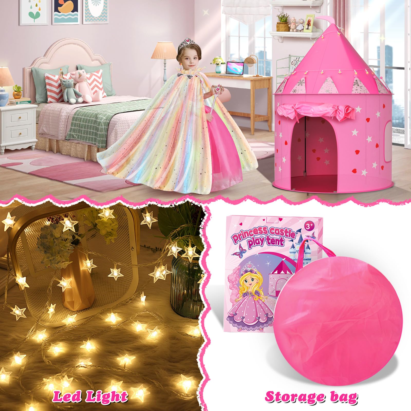 URCUZER Princess Tent with 13PCS Dress Up for Girls, Castle Playhouse with Star Lights for Kids Indoor and Outdoor Games (Rainbow)