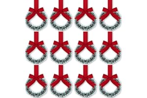 Retrowavy 12 Pcs Christmas Kitchen Cabinet Wreaths with Ribbon 3.94 Inch Mini Christmas Wreath Small Kitchen Xmas Decor for Window Door(Green and White,Snowy Style)
