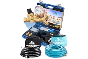 rVandtt RV Fresh Water Kit w/Drinking & Santation Hose - RV Water Pressure Regulator, Filter, Hose Connectors, Leak Repair Kit, Carrying Case, 35' Drinking Water & Sanitation Hose