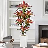 Roselywed Artificial Red Dracaena Tree 6FT with 114 Leaves & 7 Heads & White Tall Planter Cover with Coconut Fiber Tall Faux Tropical Silk Bicolor Plant 72 Inch for Indoor Home Office Porch Mall Decor