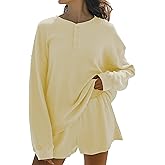 Dsewpaur Women Waffle Knit Lounge Set Oversized Henley Sweatshirt and High Waist Resort Shorts 2 Piece Outfit