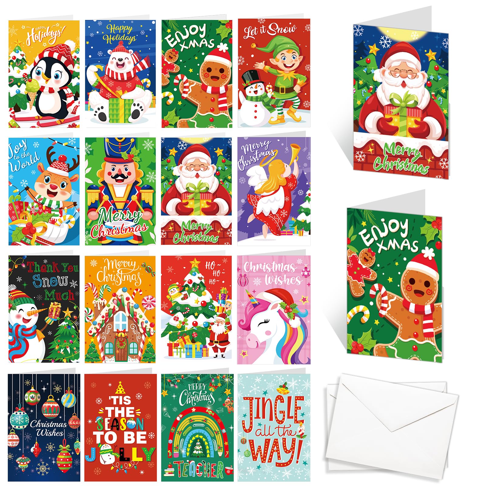 HOWAF Small Christmas Cards Pack of 32, Kids Christmas Cards for School, Childrens Xmas Cards for Class Friends & Teachers, with Envelope, Colorful