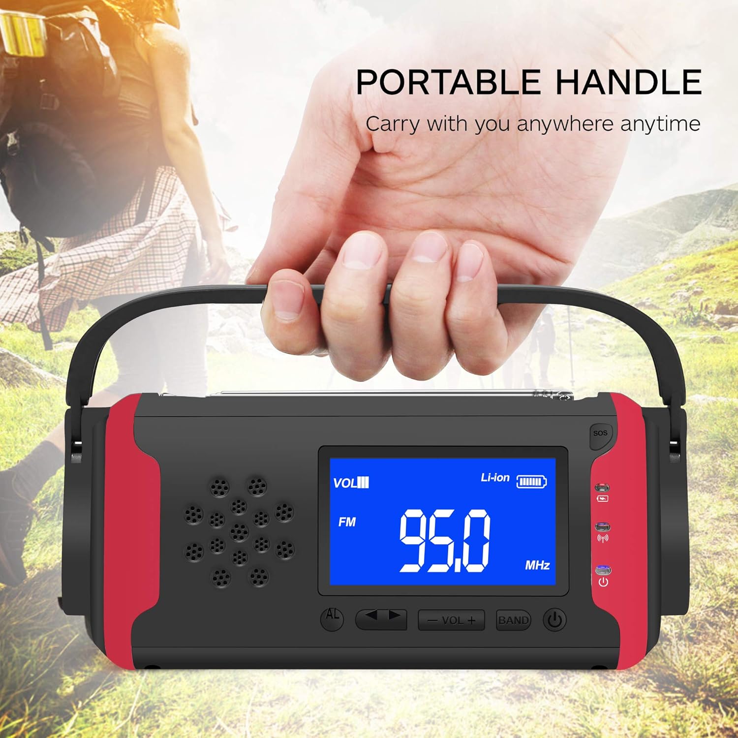 Emergency NOAA Weather Crank Solar Powered Portable Radio with 4000mAh Battery Power for Cell Phone, Bright Flashlight for Household Emergency and Outdoor Survival (097-Red): Home Audio & Theater