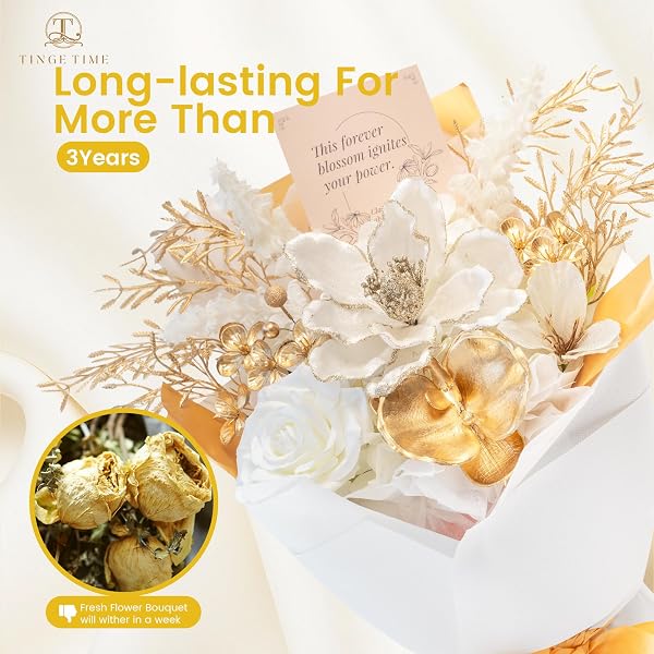 TINGE TIME PRESERVED FLOWERS BOUQUET, PLATINUM FAUX ROSE BOUQUETS, ETERNAL ROSES BOUQUET FOR WEDDING, TABLE CENTERPIECES, MOTHERS DAY, BIRTHDAY GIFTS, ANNIVERSARY, GRADUATION(WHITE & GOLD)