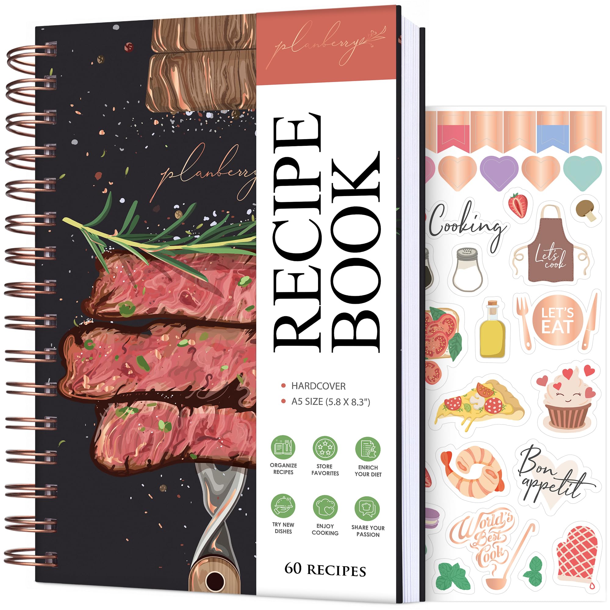 PLANBERRY Recipe Book – Blank Hardcover Cookbook to Write In Your Own Recipes – Empty Cook Book Journal to Fill In – Blank Family Recipe Notebook – 60 Recipes, 14x21cm (Grilltopia)