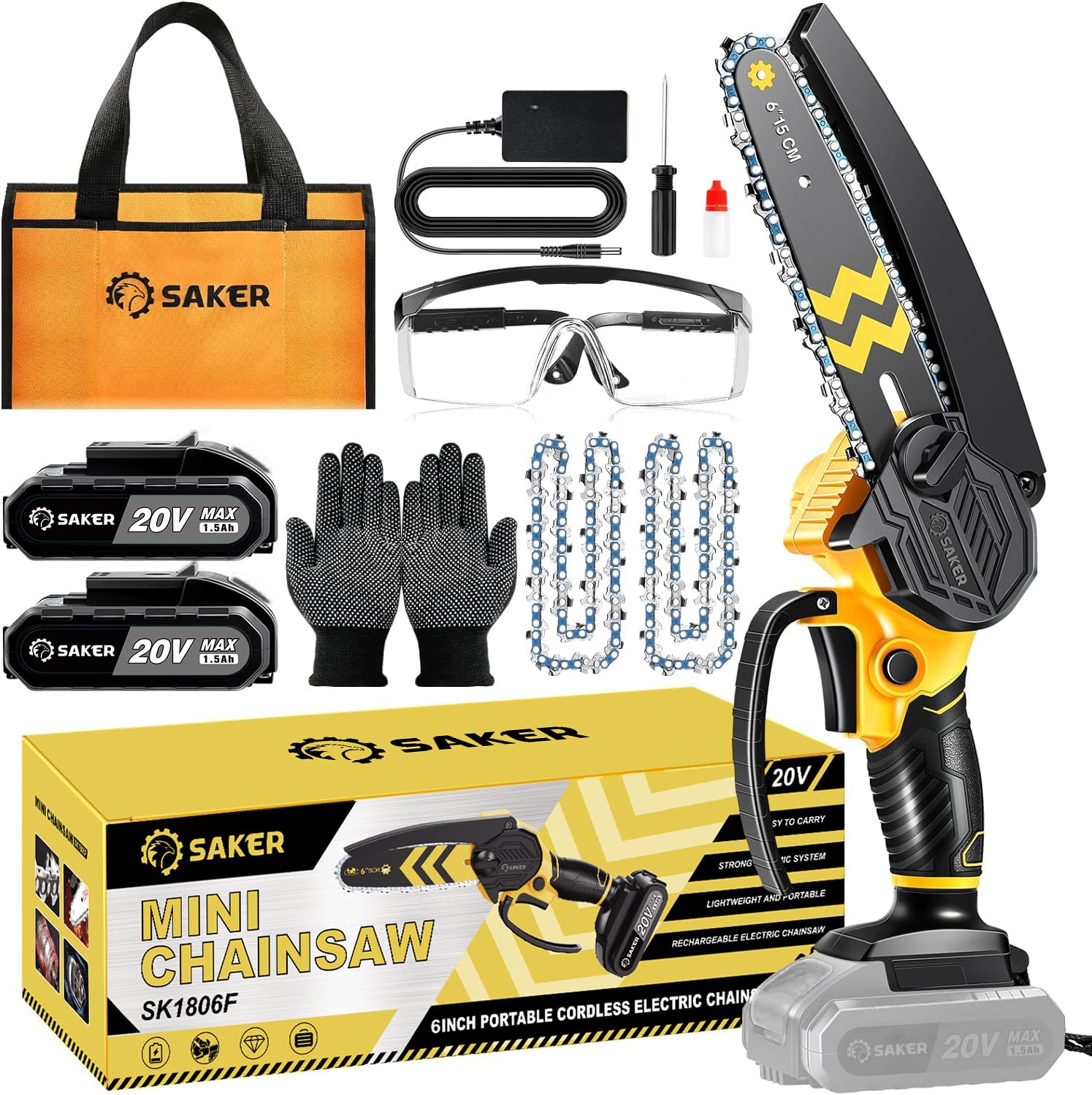 Saker Mini Chainsaw Cordless 6-Inch-Switch Security Lock-Cordless Power Chain Saws-Handheld Small Chainsaw for Cutting Wood Trimming and Woodworking- Mini Chain Saw Cordless with 2 Batteries Image