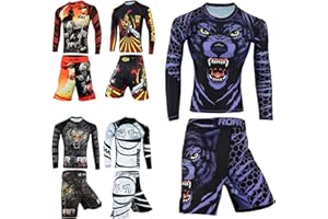 ROAR-INT 2Pcs No Gi BJJ Men Rash Guard Set, MMA Shorts Grappling Jiu Jitsu Gym Training Athletic Muay Thai Compression Set