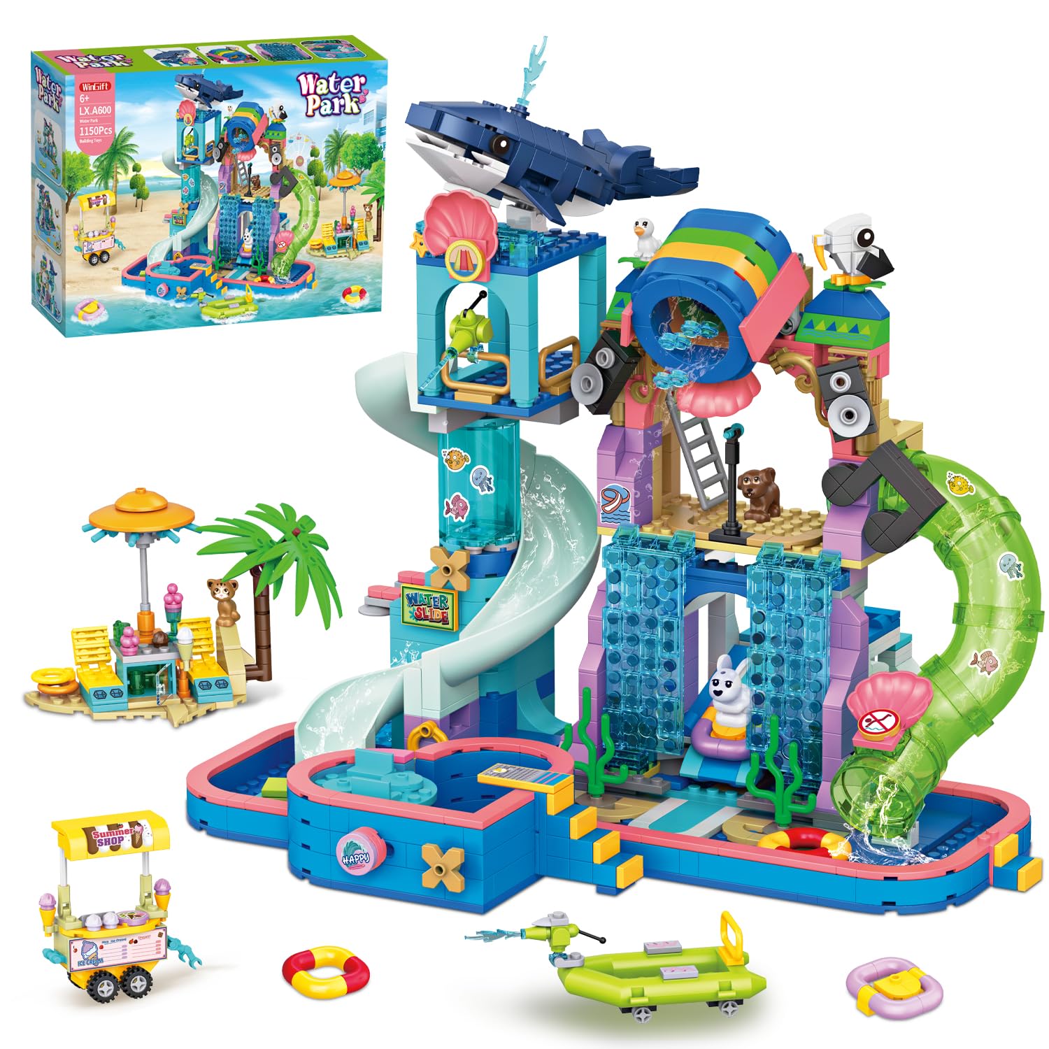 WinGift 1150Pcs Friends Water Park Building Set, STEM Summer Fun Party Toy with Swimming Pool Slides,Water Canons,Diving Platform,Animal, Pretend Play Kit for kids, Birthday Gifts for Girls Ages 6-12+