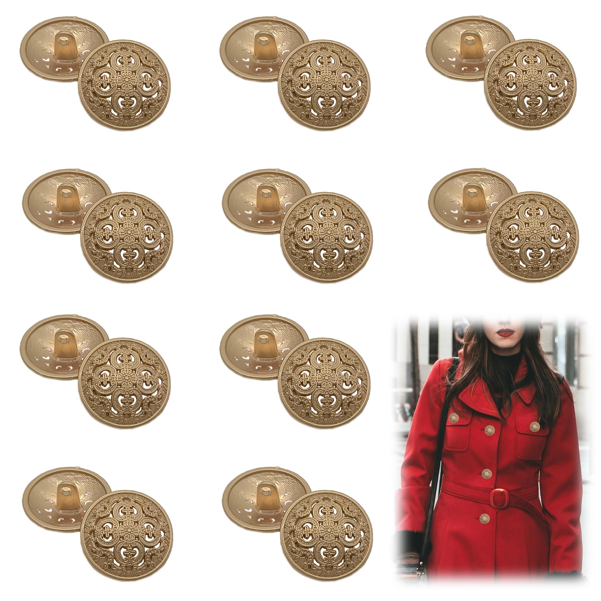 20pcs Metal Blazer Buttons Round Flower Shape Metal Blazer Buttons Vintage Metal Buttons for Blazer, Coat, Shirt, Jacket, Uniform (Dark Gold)