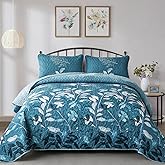 WONGS BEDDING Quilt Set Queen Size,3 Pieces Teal Floral Botanical Leaves Bedspread Coverlet Set with 2 Pillowcases for All Season, Soft Microfiber Floral Bedding Set 96"×90"