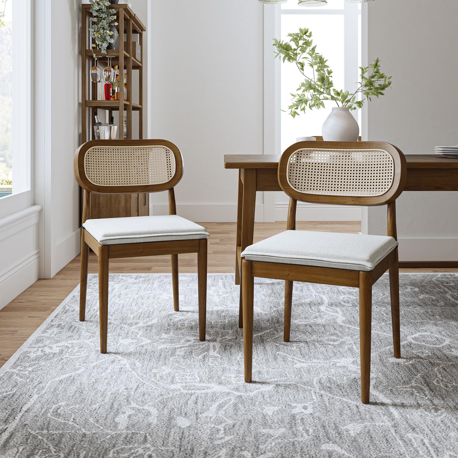 Photo 1 of  Mid-Century Modern Rubberwood Dining Chair with Woven Rattan Back and Removable Cushion(Set of 2, Acorn)