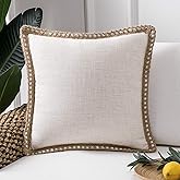 Phantoscope Farmhouse Solid Throw Decorative Pillow Cover Burlap Linen Trimmed Tailored Edges Outdoor Pillow Off White 18 x 18 inches, 45 x 45 cm
