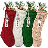 18 Inches Personalized Christmas Stockings 4 Pack Cable Knitted Xmas Hanging Stocking Decorations with Name Tags Gifts Holiday Farmhouse Indoor Party Family Home Decor (Red Ivory Green Khaki)
