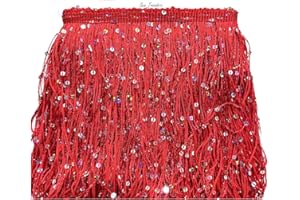 SEW TRENDS 2 Yards of 8" Long Starlight Silver Rainbow Sequins Chainette Fringe Yarn Thread Tassel Trim-RED