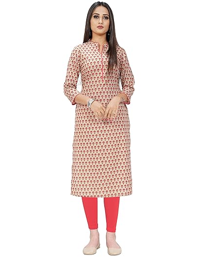 Women's Beige Coloured Pure Cotton Jaipuri Printed Kurti (Ready To Wear)
