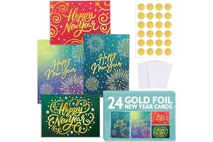 T MARIE 24 Gold Foil New Year Cards 2025-2026 - Boxed Set with Envelopes and Gold Stickers - Assorted Designs with Messages Inside. Holiday Greeting Cards Bulk Pack for Wishing Happy New Year