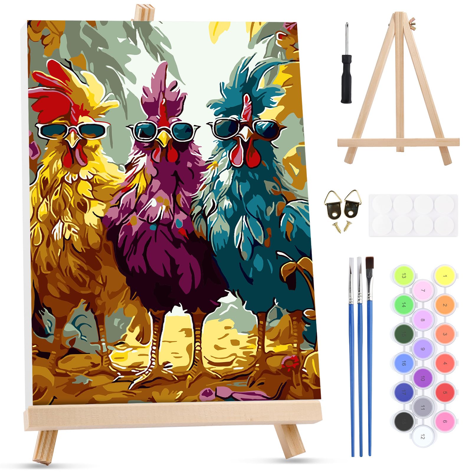 MXJSUA Three Chickens Framed Paint by Numbers Kit for Adults Beginner with Wooden Easel, Adults' Paint-by-Numbers on Canvas, Easy DIY Acrylic Number Painting for Home Decor Gifts, 20x30cm