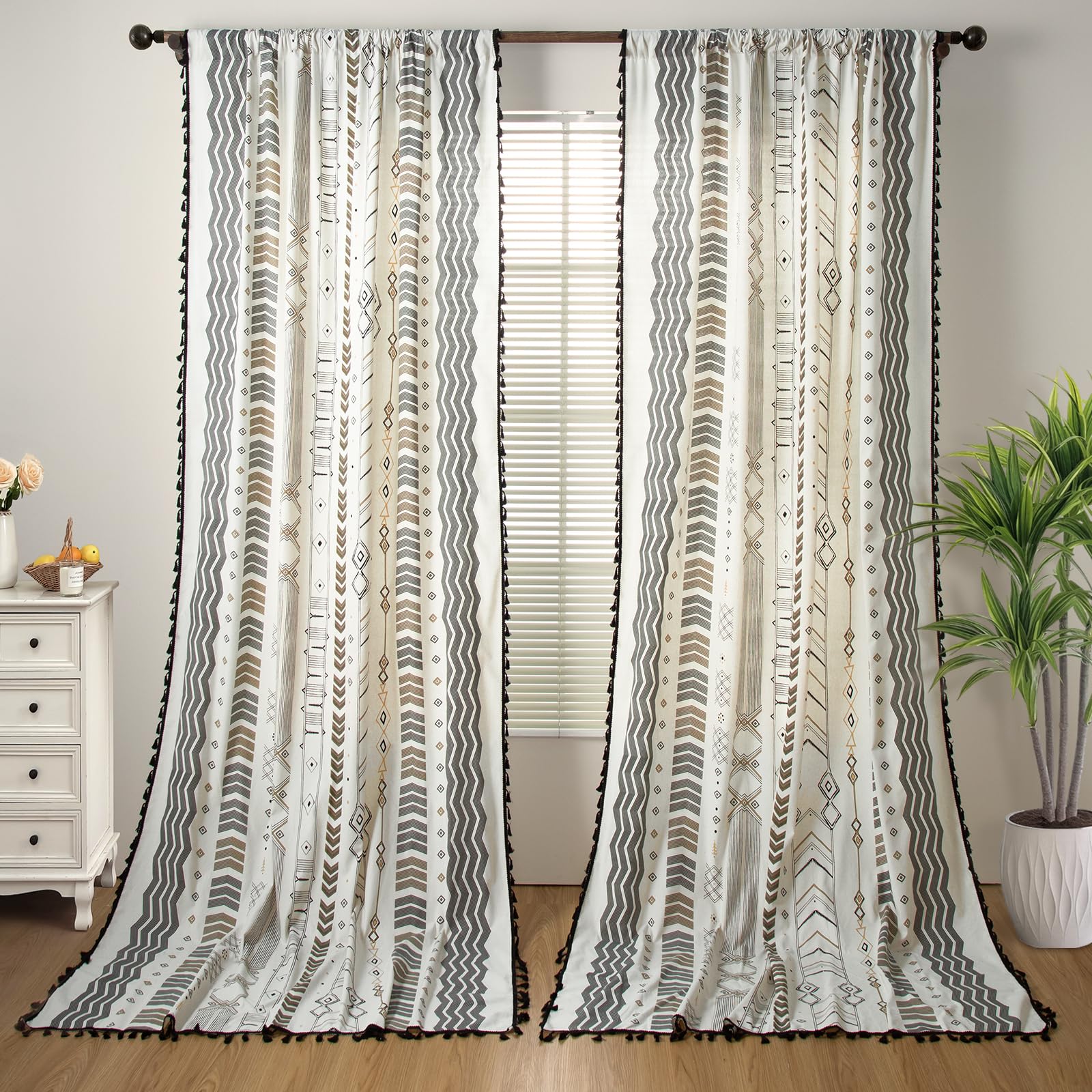 Photo 1 of ColorBird Boho Curtains 108 Inches 2 Panels Semi-Blackout Geometric Black and White Curtain Cotton Linen Tassel Rod Pocket Long Drapes for Door Living Bedroom Closet