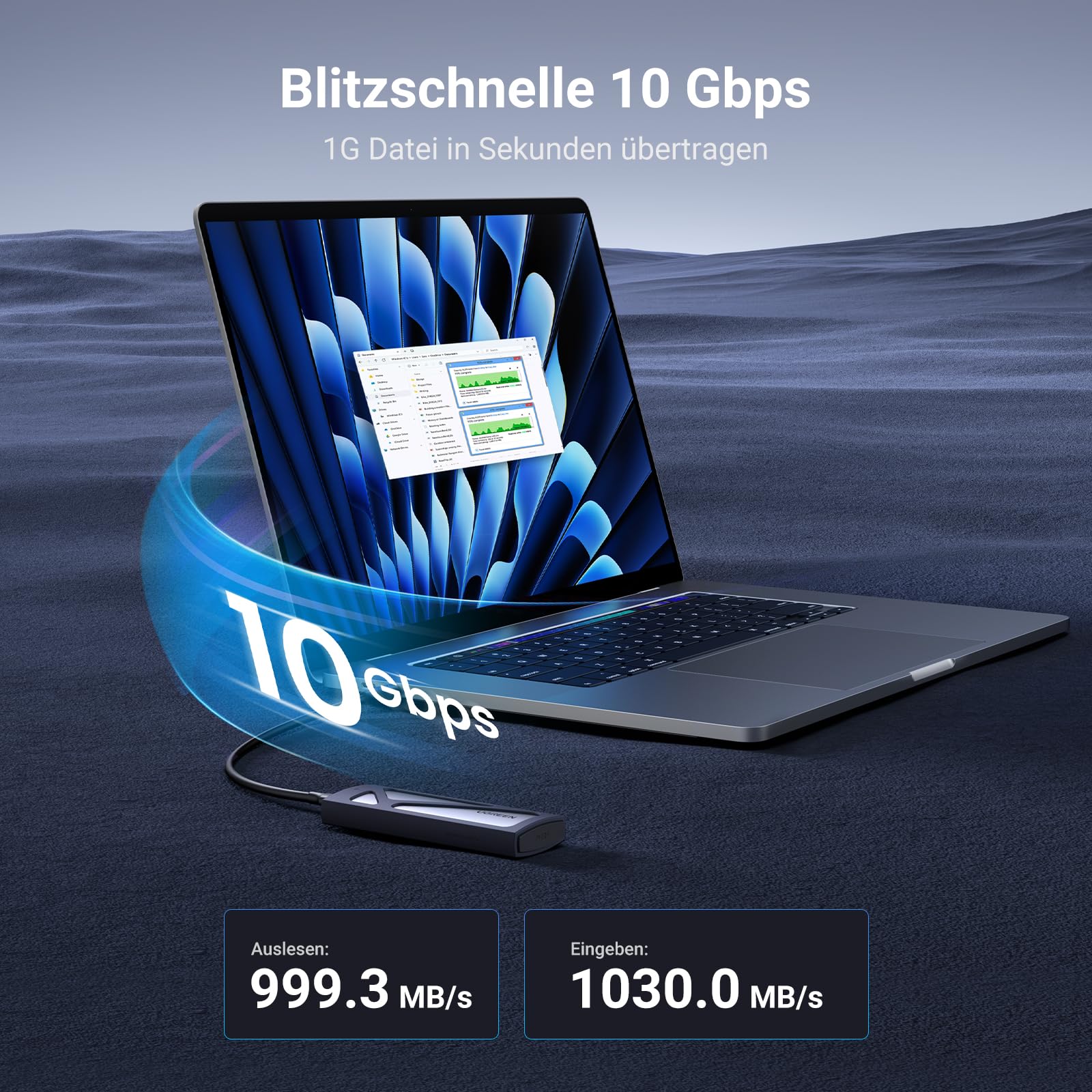 UGREEN NVMe M.2 USB 3.2 SSD Gehäuse-Adapter mit Kühlkissen 10 Gbps, M.2 NVMe Festplatten Docking Station für NVMe PCIe M-Key/M+B Key in 2230/2242/2260/2280 mit USB CC und AC Kabel Werkzeuglos(Silver) 2