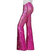 Nawgut Sequin Flare Pants Sparkly Glitter Bell Bottom High Waisted Hollow Trousers Party Clubwear for Women