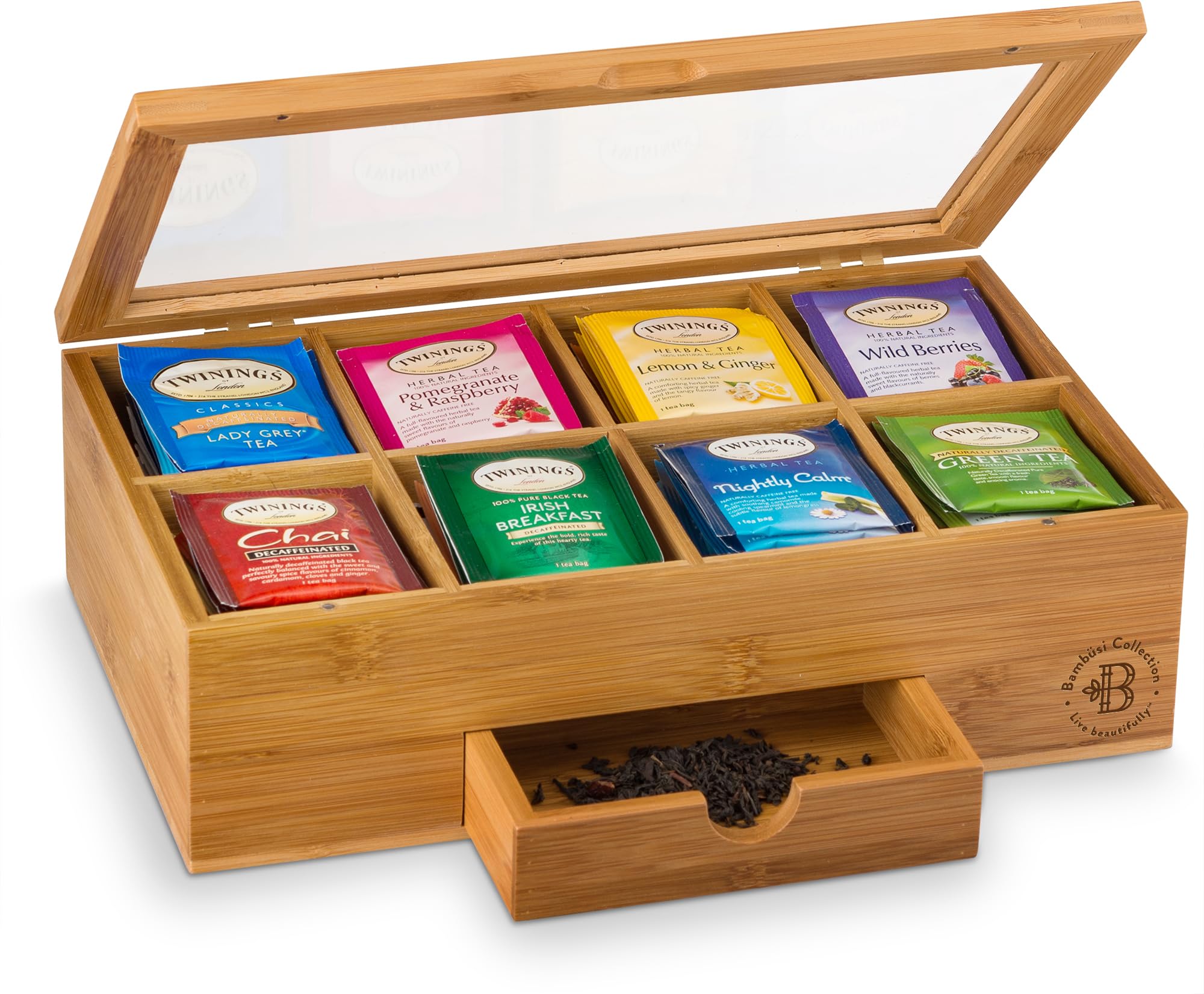 Photo 1 of BAMBUSI Tea Bag Organizer - Bamboo Tea Box Storage with Drawer & Acrylic Window, Tea Organizer Holder, Tea Bag Holder, Tea Storage Box, Tea Box Organizer, Gift Idea for Home Kitchen (Tea Not Included)
