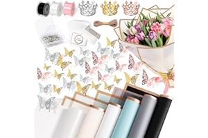 Ayfjovs 203PCS Flower Wrapping Paper Kit, 5 Color Floral Bouquets Wrapping Paper with Crown and Butterfly Toppers Ribbon Flower Pins for Mother's Day Wedding Birthday Ramo Buchon Supplies