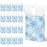 16 Pcs Christmas Snowflake Paper Gift Bags Blue White Winter Snowflake Party Favor Bags with Handles and Tissue Paper for Candy Goodie Treat Xmas Holiday Wrapping