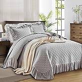 Ruffled Quilt Bedding Set Queen Size 96 * 96in - 3 Pieces Solid Shabby Chic Farmhouse Ruffles Rustic Coverlet Lightweight Fluffy Summer Oversized Bedspread with Shams for Women Men Gray