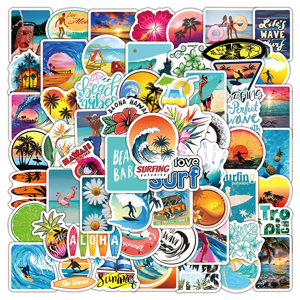 100Pcs Summer Surfing Stickers for Water Bottles Tumbler Luggage Skateboard Bumper Scrapbook Mug, Sticker Gift for Kids Teens Adults