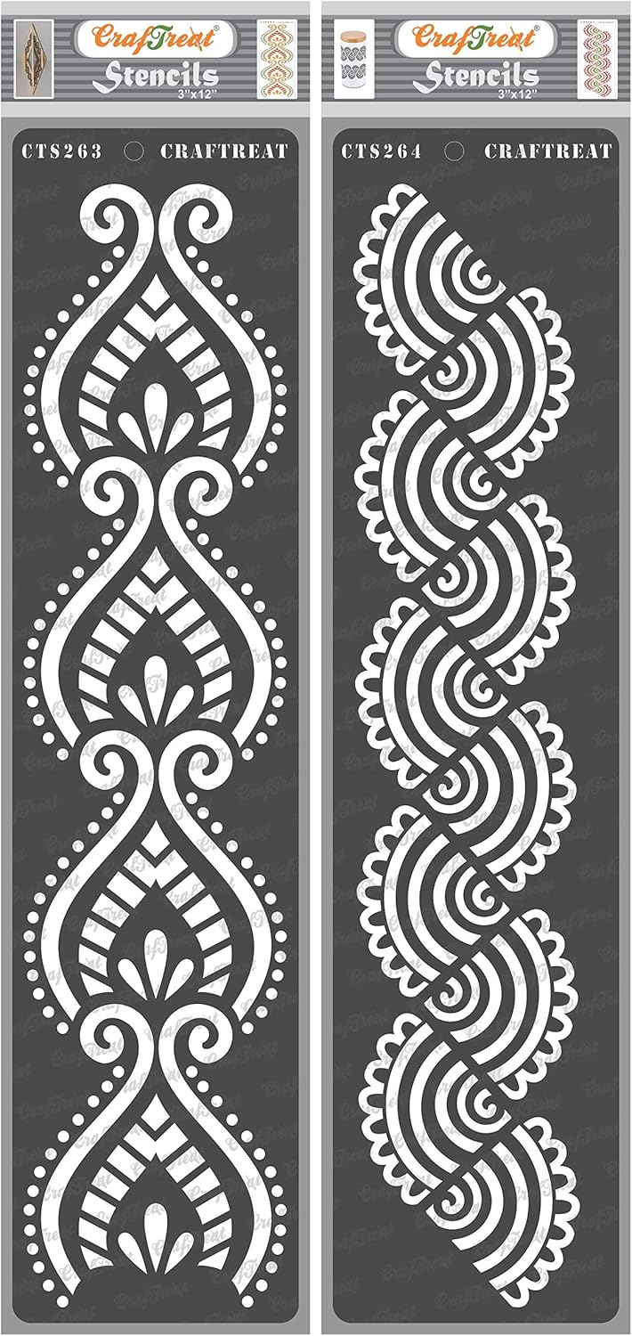 CrafTreat Border Stencils for Painting on Wood, Canvas, Paper, Fabric, Floor, Wall and Tile - Border7 and Border8-2 Pcs - 3x12 Inches Each - Reusable DIY Art and Craft Stencils Corner and Borders
