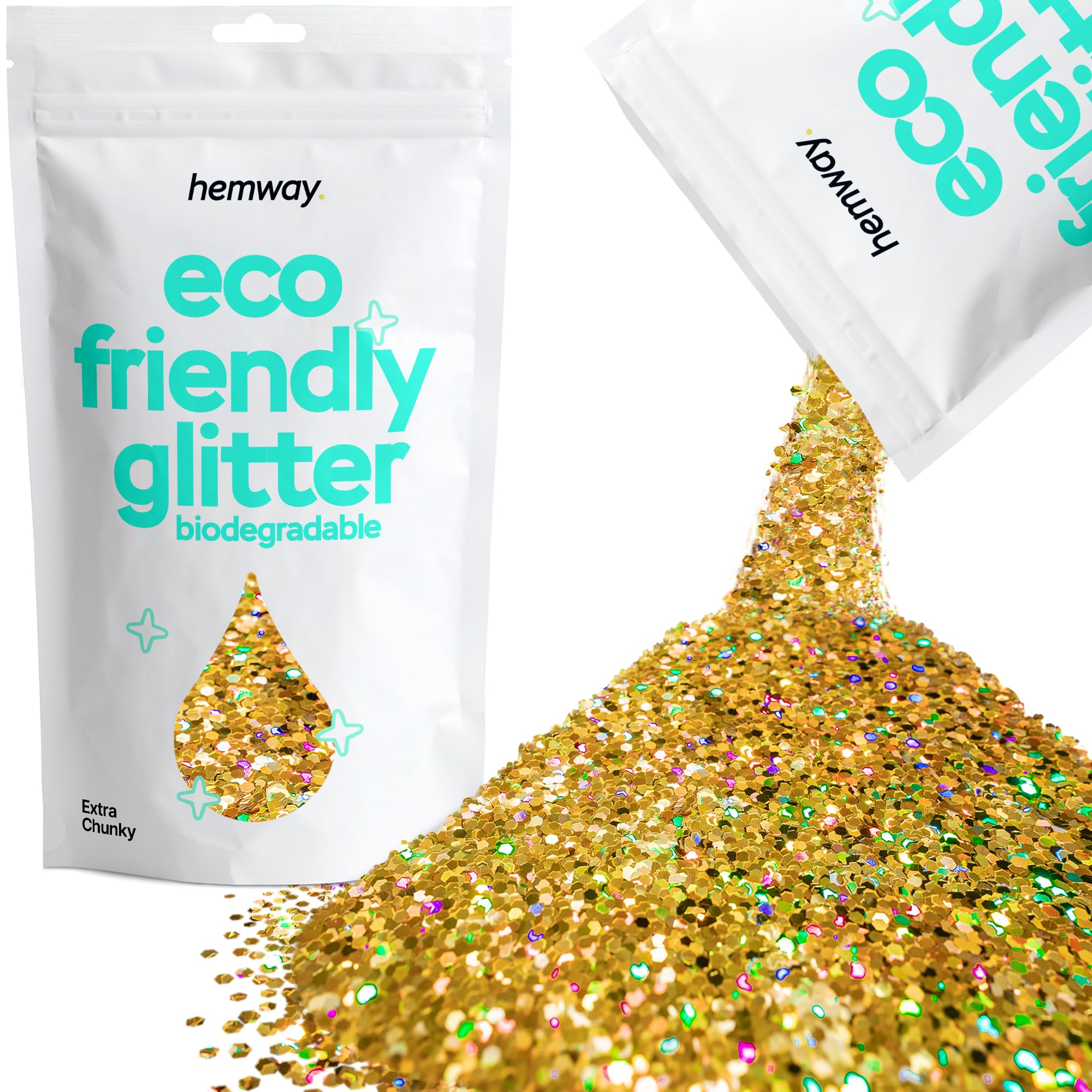 Eco Friendly Biodegradable Glitter | Gold Holographic - Extra Chunky 100g, Plant Based, Biodegradable Glitter for Craft, Face, Hair, Nail, Body and Festival - Hemway — image 1