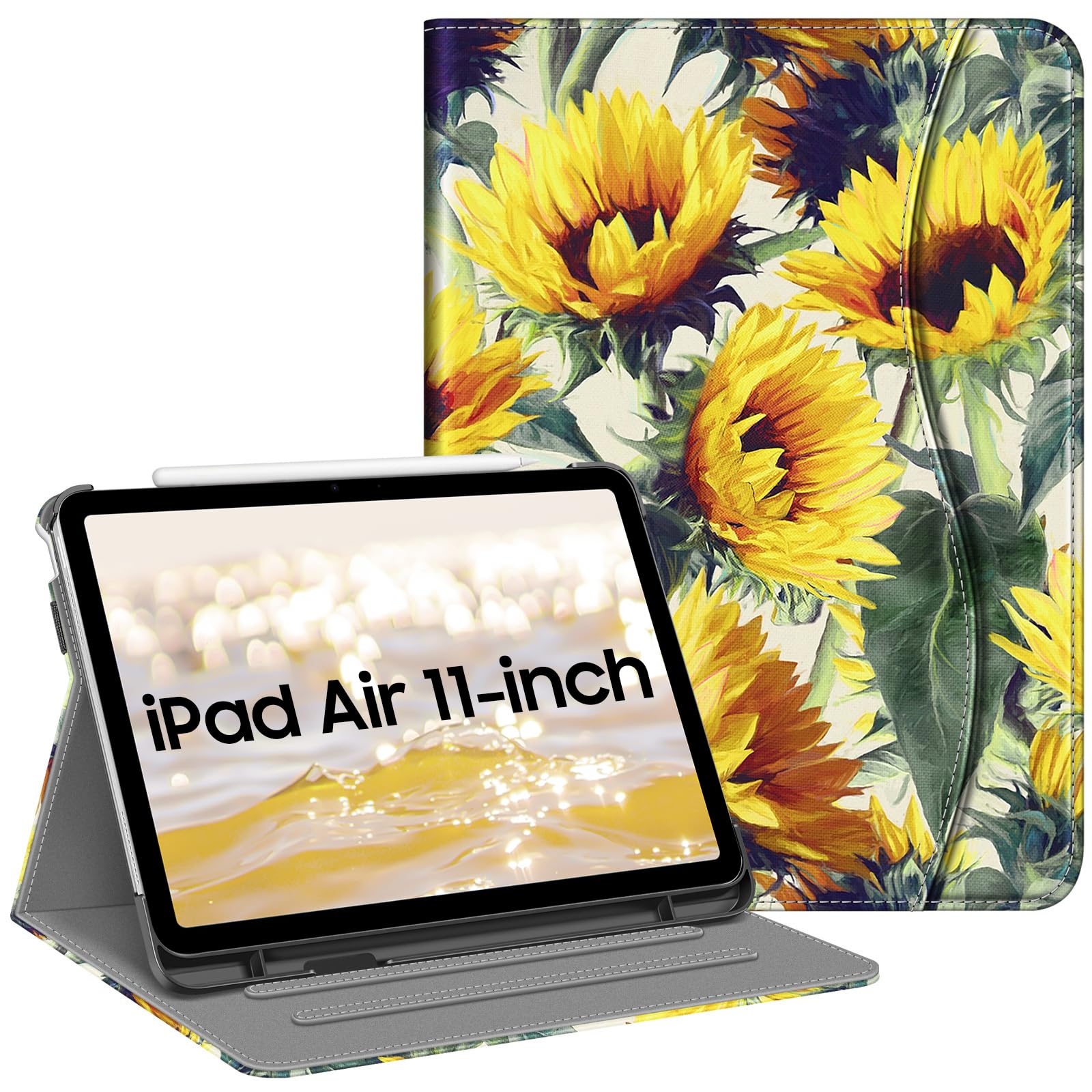FINTIE Case for iPad Air 11 Inch M4 (2026)/M3 (2025)/M2 (2024), iPad Air 5th Generation (2022) 10.9 Inch - [Multi-Angle ] Folio Stand Protective Cover with Pencil Holder & Pocket, Sunflowers — image 1