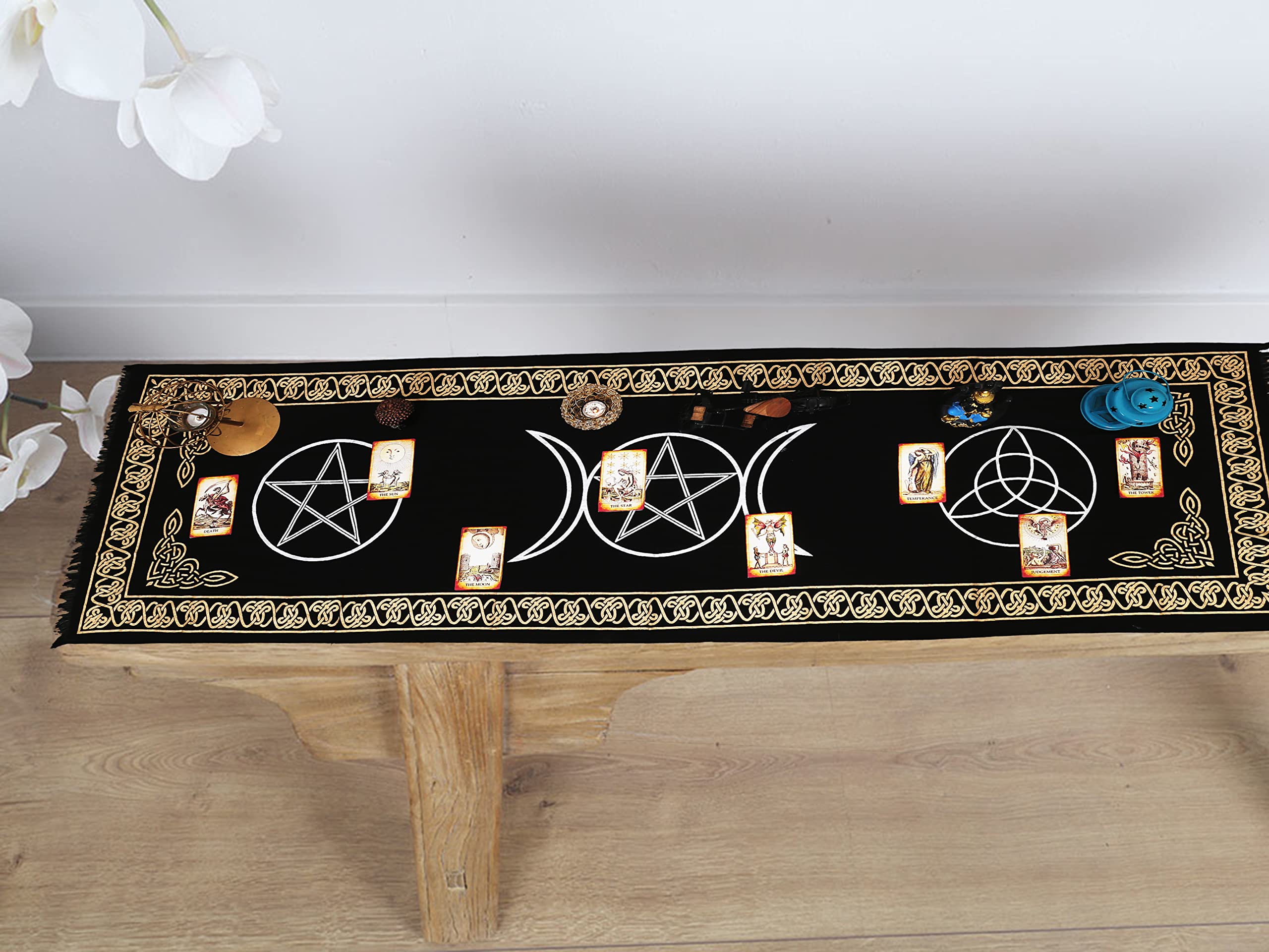 Indian Consigners 3 in 1 Altar Cloth Pentagram Triquetra Triple Moon Long Tablecloth