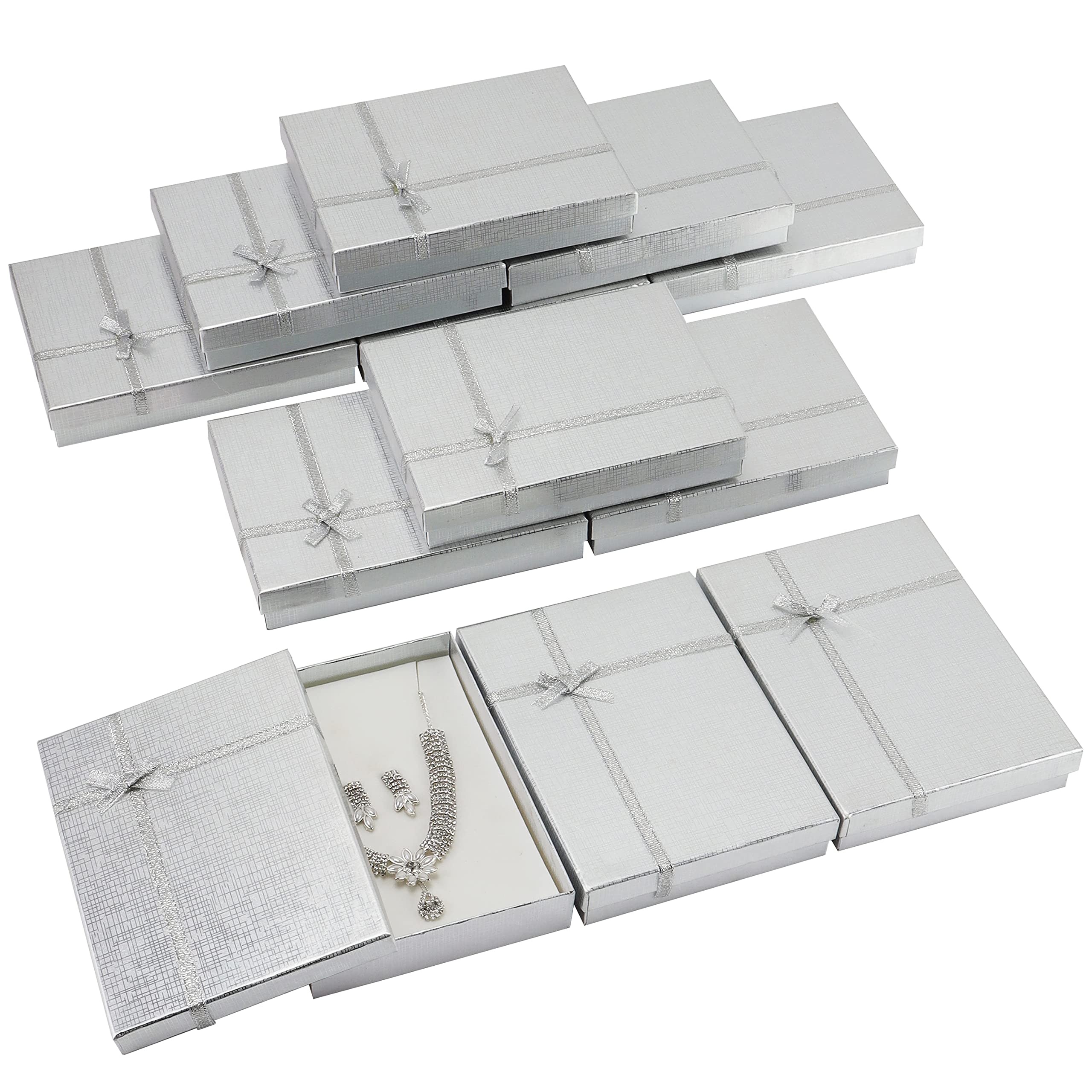 Kurtzy Silver Jewellery Display Gift Boxes (12 Pack) - L16 x W12 x H3cm / 6.3 x 4.72 x 1.18 Inches - Cardboard Packaging Box with Bow and Ribbon for Earrings, Necklaces, Bracelets & Rings