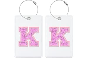 Sodsay 2 PCS Initial Luggage Tag, Luggage Tags for Suitcases Cute Sequin Letter PU Leather Travel Bag Baggage Tags ID Label with Steel Loops for Women Kids Teens(K, White Leather+Hot Pink Letter)