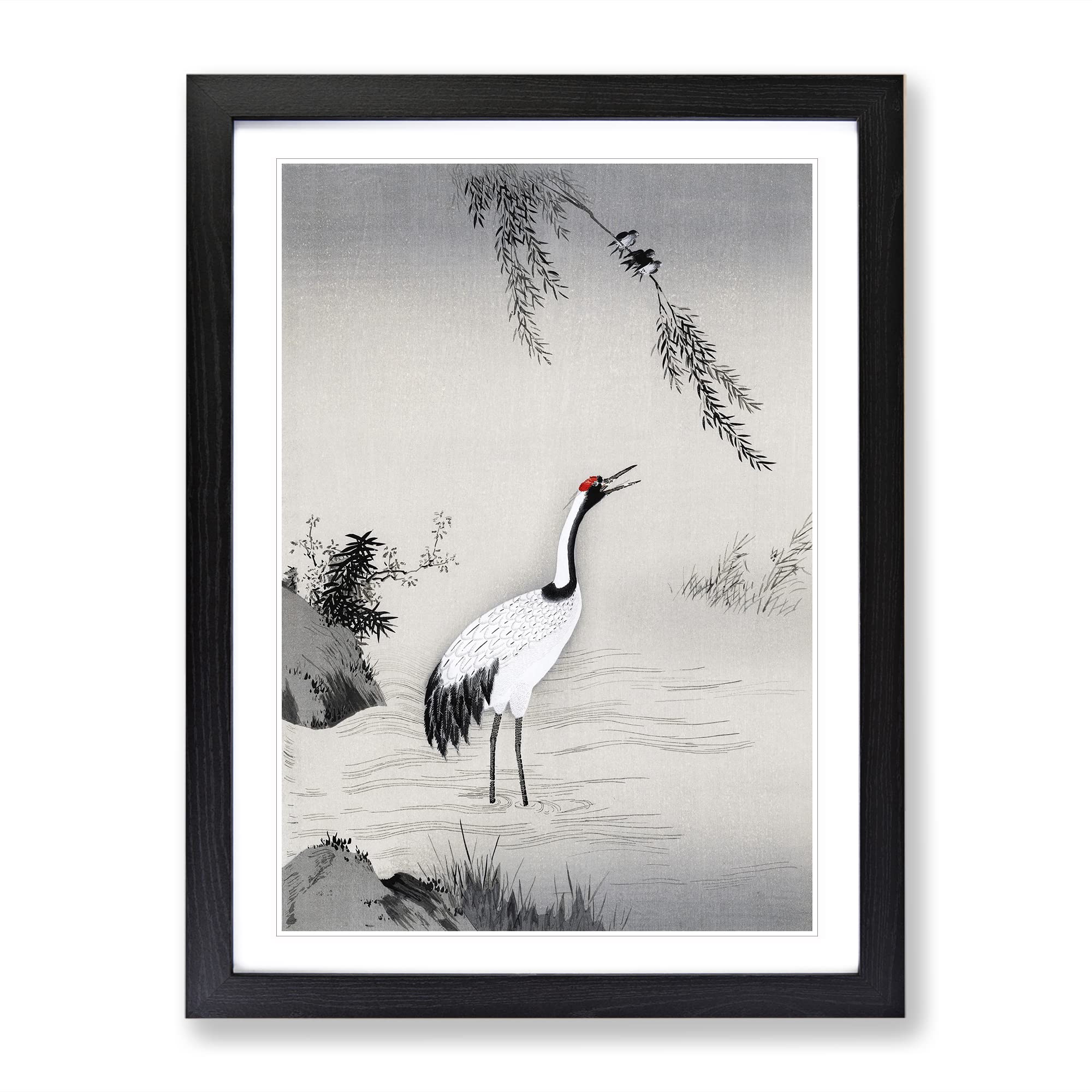 Japanese Crane By Kano Motonobu Asian Japanese Framed Wall Art Print, Ready to Hang Picture for Living Room Bedroom Home Office Décor, Black A3 (34 x 46 cm)