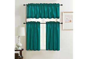 WPM WORLD PRODUCTS MART Faux Silk Kitchen Curtain Valance Set 36 Inch long Tier Curtains Cafe Curtains Rod Pocket valances for Living Room Bedroom Bathroom Farmhouse Rustic Country Window Curtains 3 Piece Set (Teal)