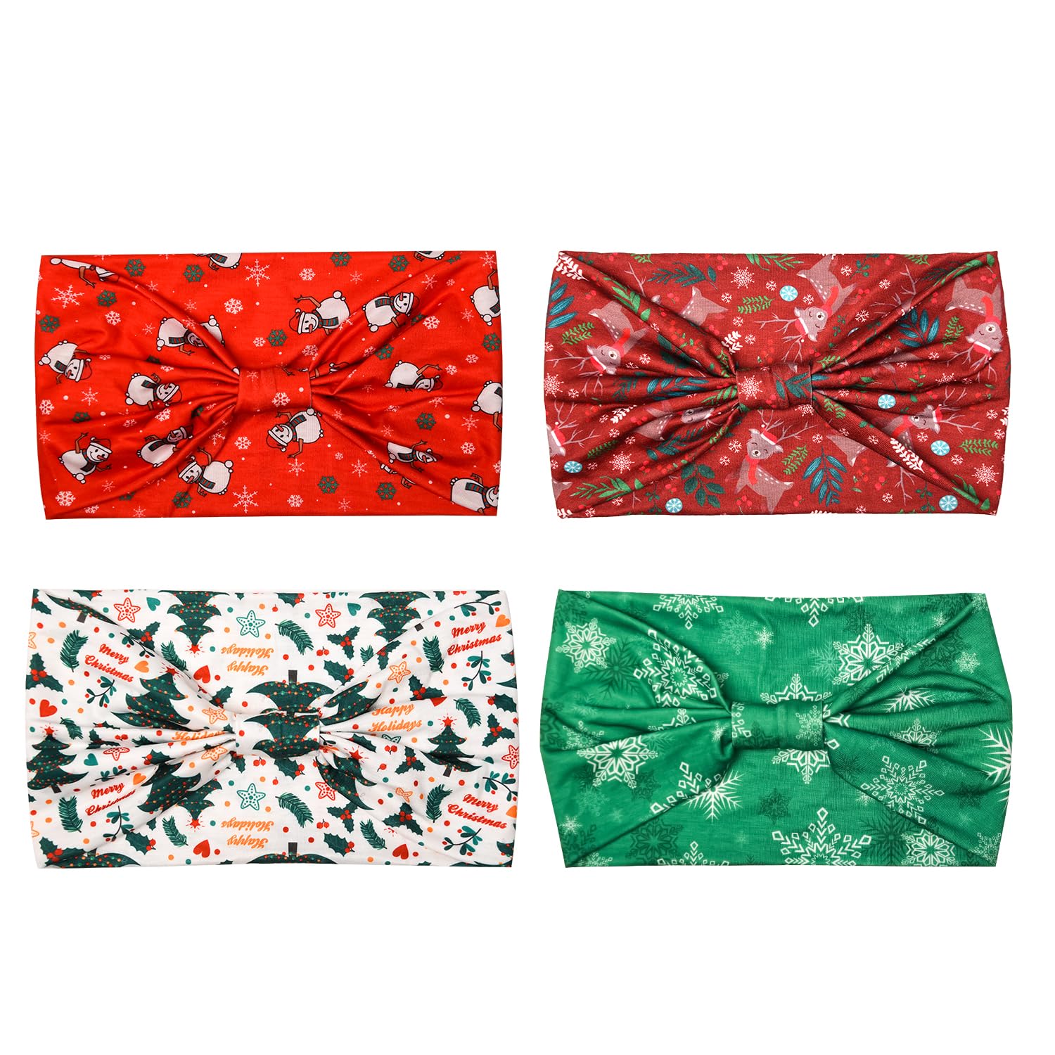 HIXNUG 4Pcs Christmas Turban Headbands Wide Elastic Boho Hair Band Xmas Tree Snowman Printed Headband