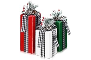 Amyhill 3 Pcs Christmas Wooden Gifts Box Decor Christmas Plaid Presents Table Centerpieces Rustic Wooden Gifts Tiered Tray Decor with Buffalo Plaid Bowknot for Xmas Party(Red, Green, White,Classic)