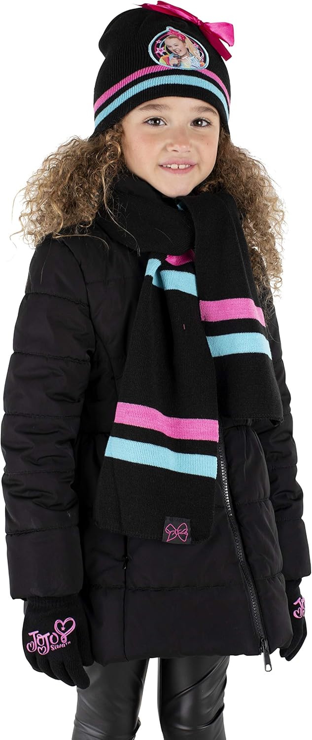 Nickelodeon JoJo Hat, Scarf and Gloves Cold Weather Set, Black, Girls, Ages 4-7: Clothing