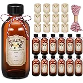 Uiifan 12 Pack Amber Glass Bottle Boston Round Bottles with Caps Brown Vanilla Extract Jars and 12 Pcs Vanilla Extract Stickers for Syrup Gift Glass Jar Food Storage Canister Set Sauce Beans(2 oz)