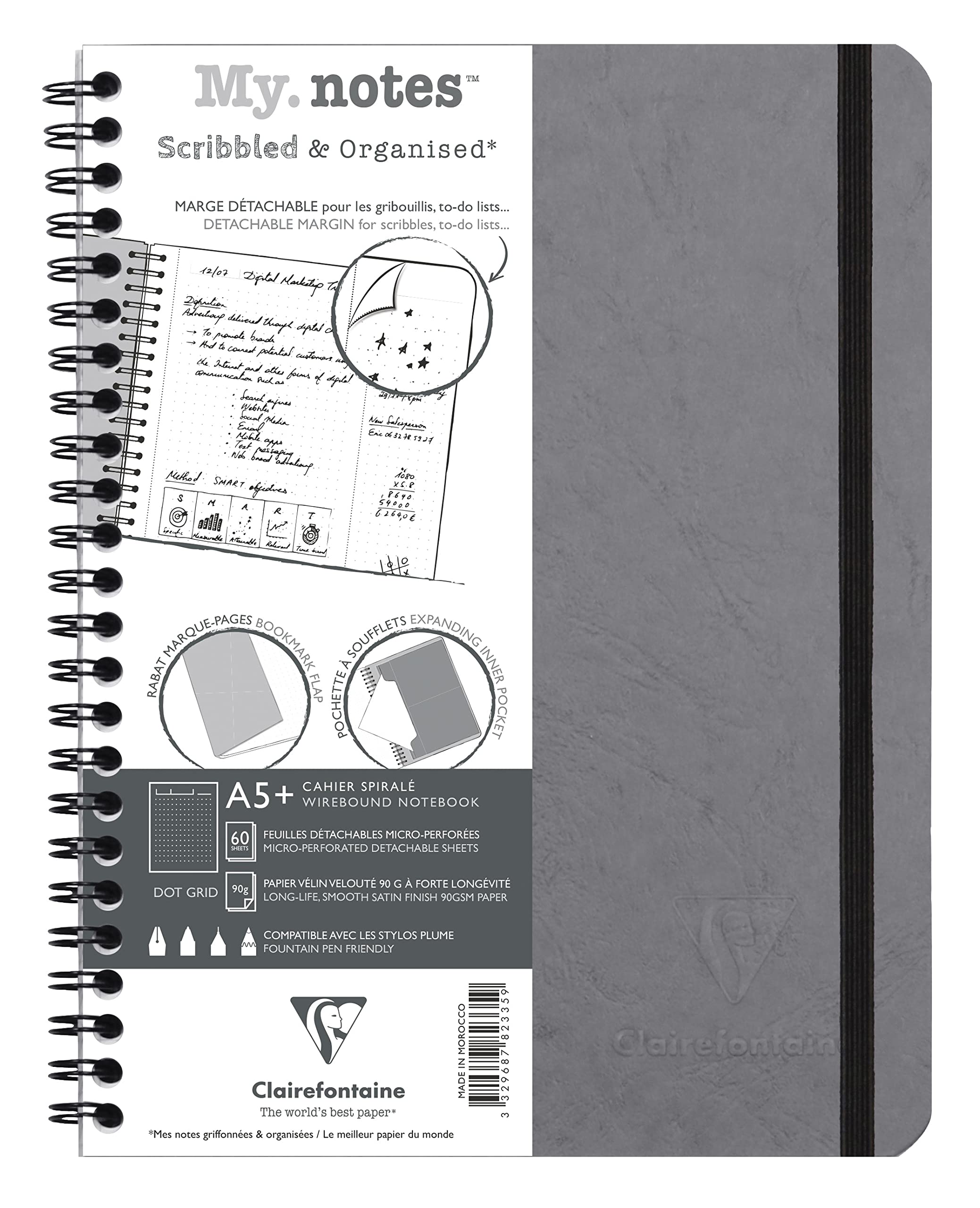 Clairefontaine 782335C Collection Age Bag MyNotes Grey Spiral Notebook w/ Margins - A5+ 16x21cm - 120 Detachable Pages DOT - 90gsm White - Grain Leather Cover