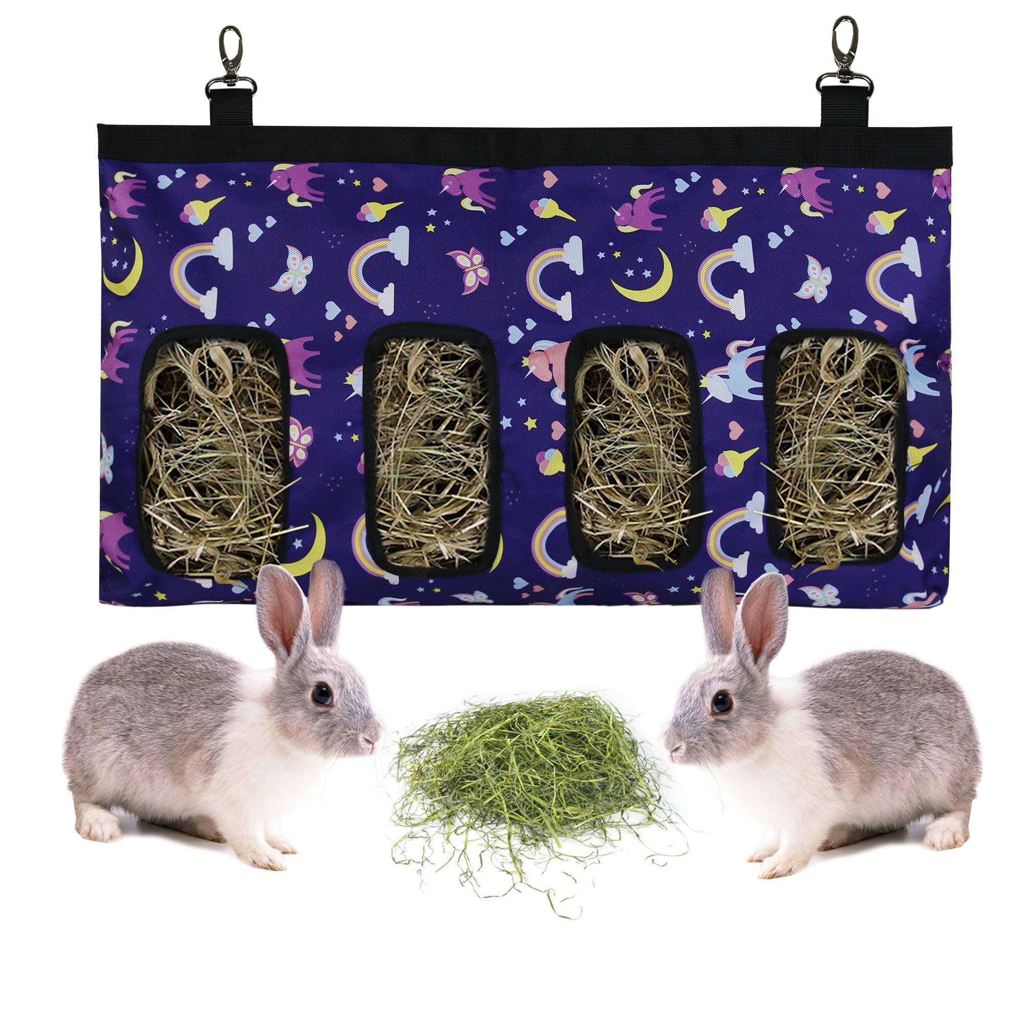 Rabbit Hay Feeder Bag Guinea Pigs Hanging Hay Rack Manger Holder Dispenser Small Animal Feeder Storage Pouch for Bunny Chinchilla Hamster (4 Windows, Pattern Purple)