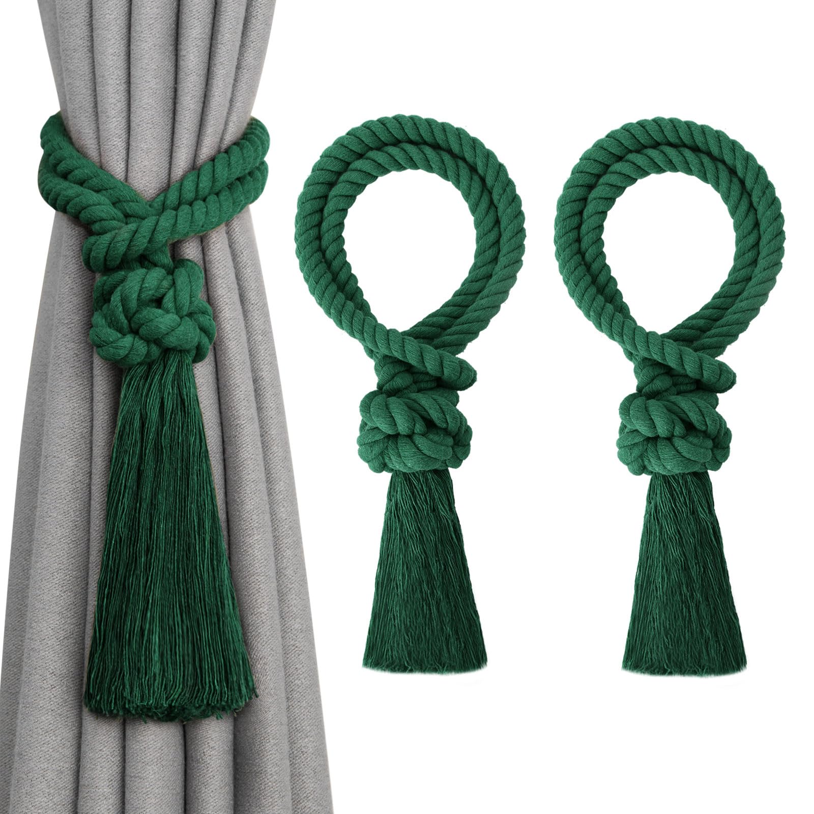 Pretty Jolly 2 Pack Natural Cotton Rope Tassel Curtain Tiebacks Boho Home Decor Drape Tie Backs Hand Woven Ball Curtain Holdbacks for Thin & Thick Home & Office Window Draperies (Green)