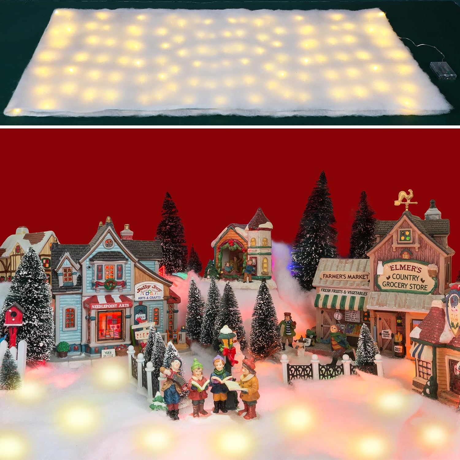 Artificial Snow - Preboun 4 Pcs Christmas Fake Snow Blankets with Lights 7.9 x 2 ft Fluffy Artificial Snow Blankets Roll with 32.8 ft LED Lights Faux Snow Sheet for Christmas Village Display Winter Snowy Decorations