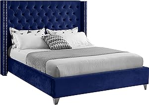Meridian Furniture Aiden Collection Modern | Contemporary Velvet Upholstered Bed with Deep Button Tufting, Solid Wood Frame, and Custom Chrome Legs, Full, Navy
